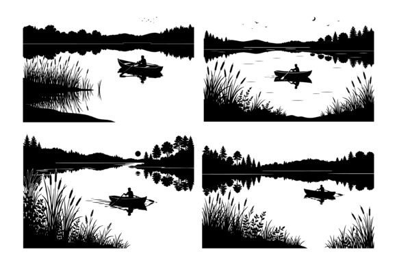 Black and White Lake Scenes with Silhouette
