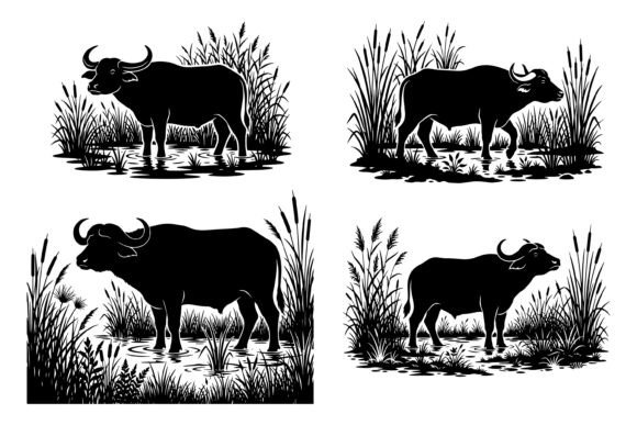 Black Silhouette of Bulls in Water