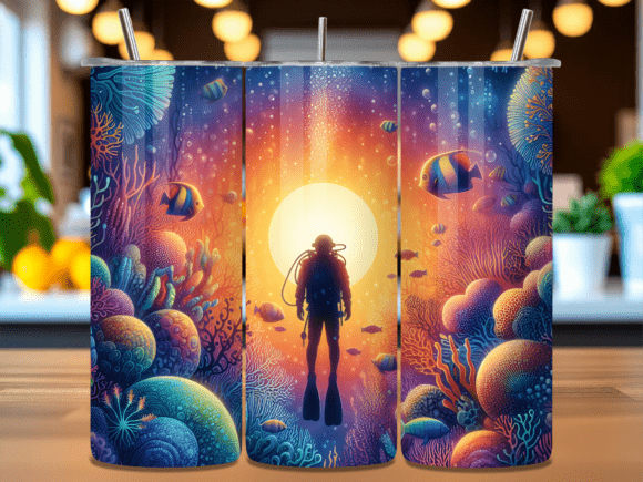 Scuba Diver Sunset Tumbler Wrap PNG