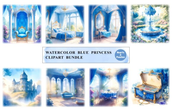 Watercolor Blue Princess Clipart Bundle